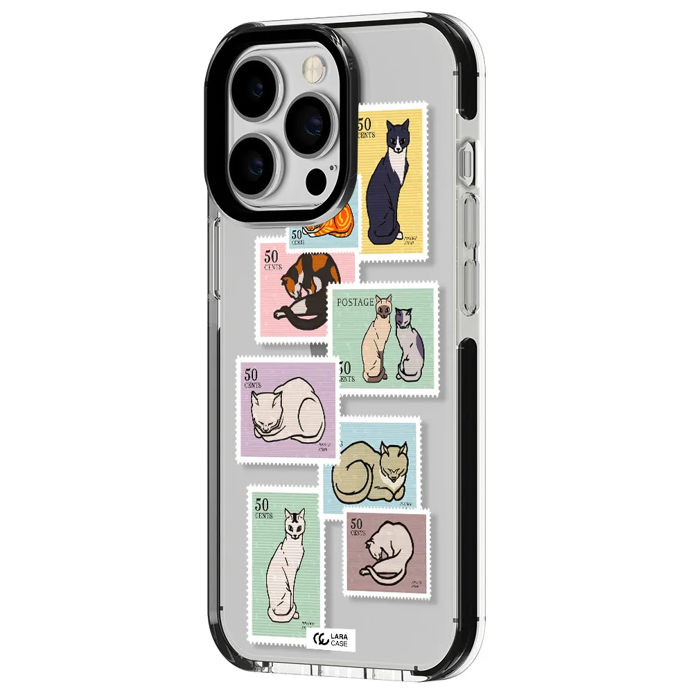 a collage of cats on stamps Apple iPhone 13 Pro impact black border Case