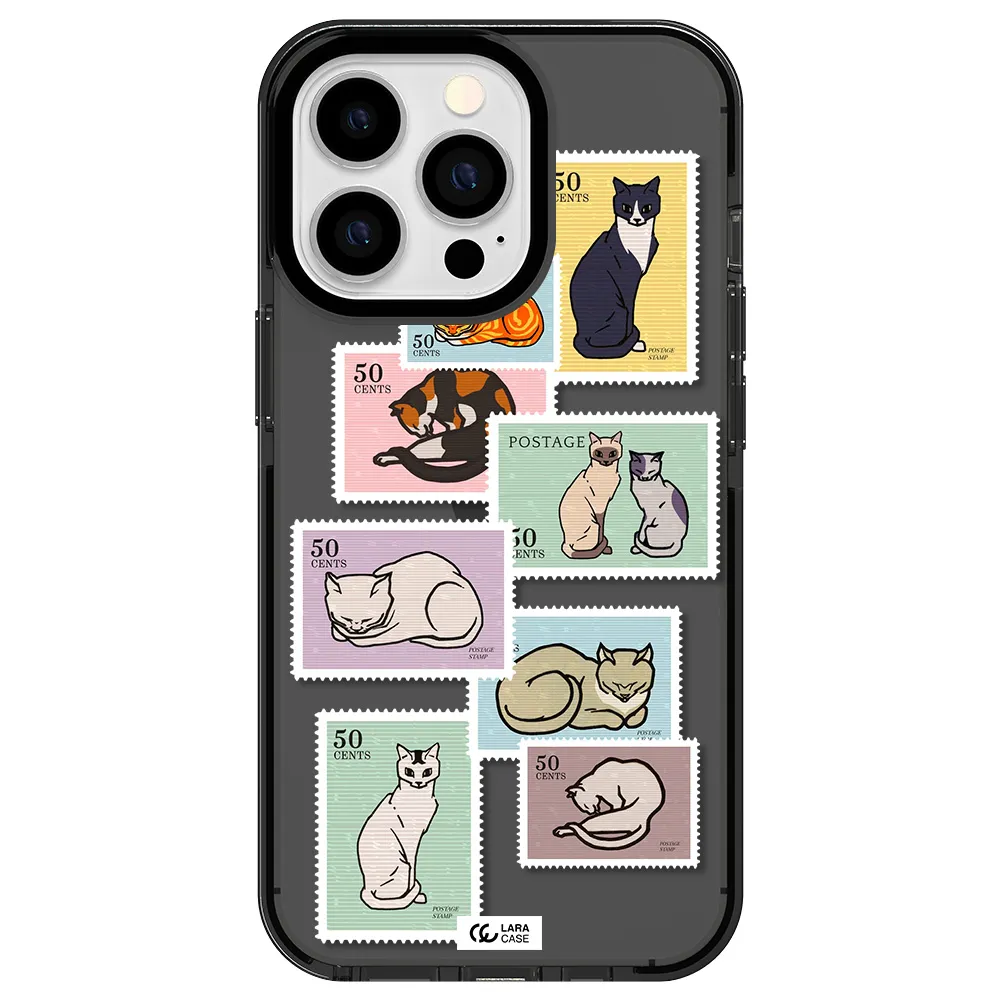 a collage of cats on stamps Apple iPhone 13 Pro impact Smoke Black Case
