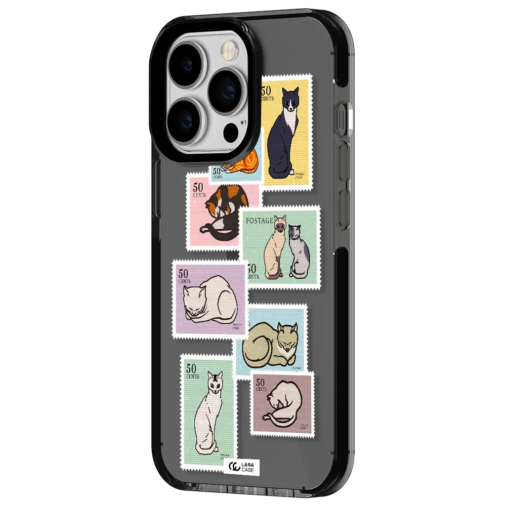 a collage of cats on stamps Apple iPhone 13 Pro impact Smoke Black Case