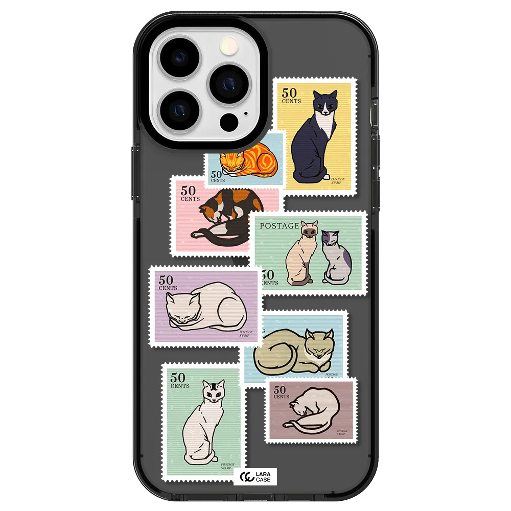 a collage of cats on stamps Apple iPhone 13 Pro Max impact Smoke Black Case