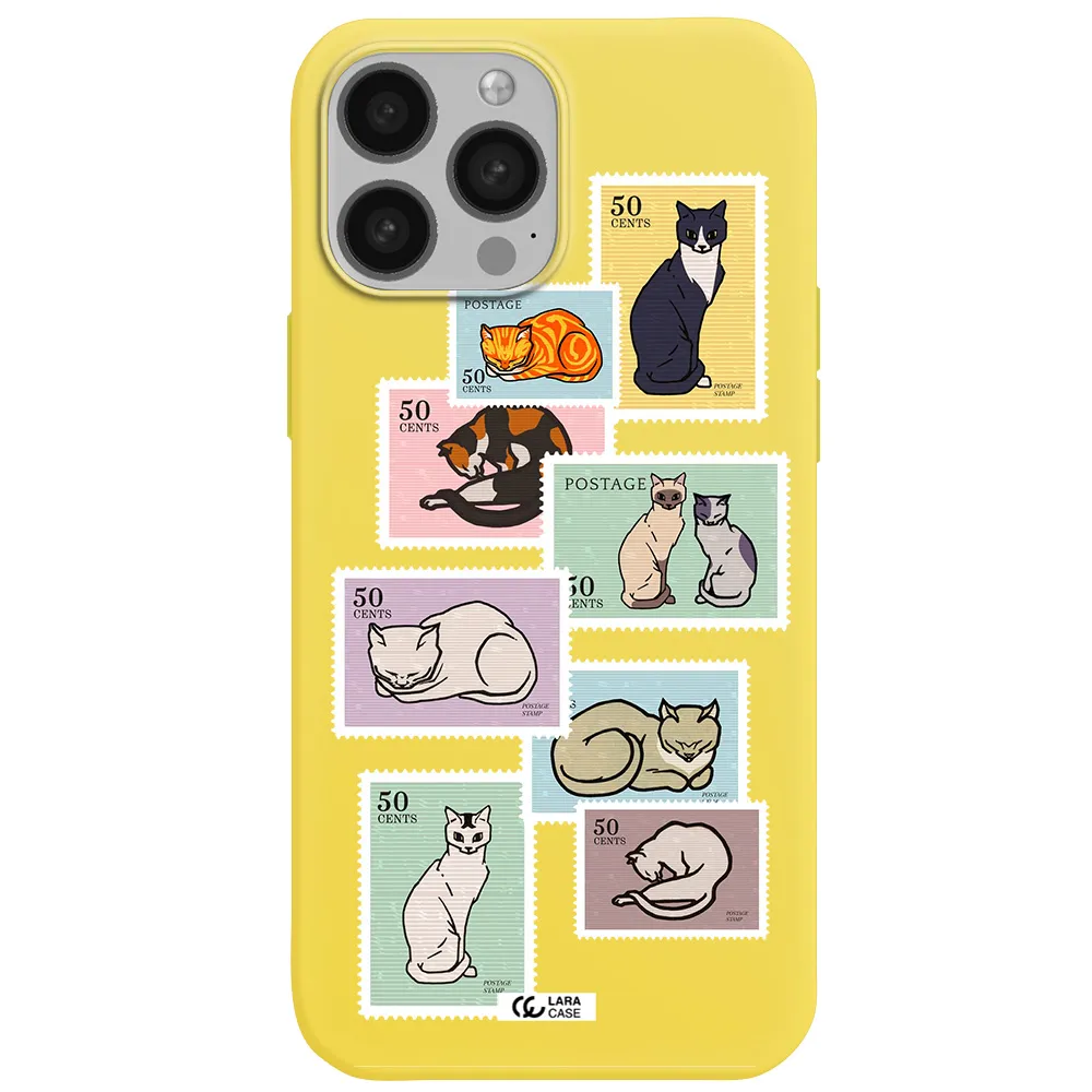 a collage of cats on stamps Apple iPhone 13 Pro Max Silicone canary yellow Case