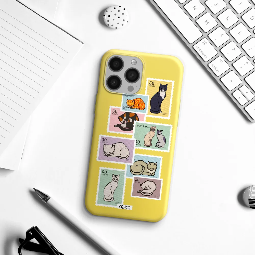 a collage of cats on stamps Apple iPhone 13 Pro Max Silicone canary yellow Case