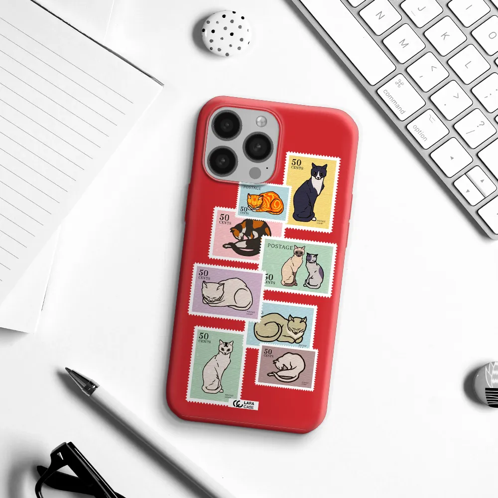 a collage of cats on stamps Apple iPhone 13 Pro Max Silicone Imperial Red Case