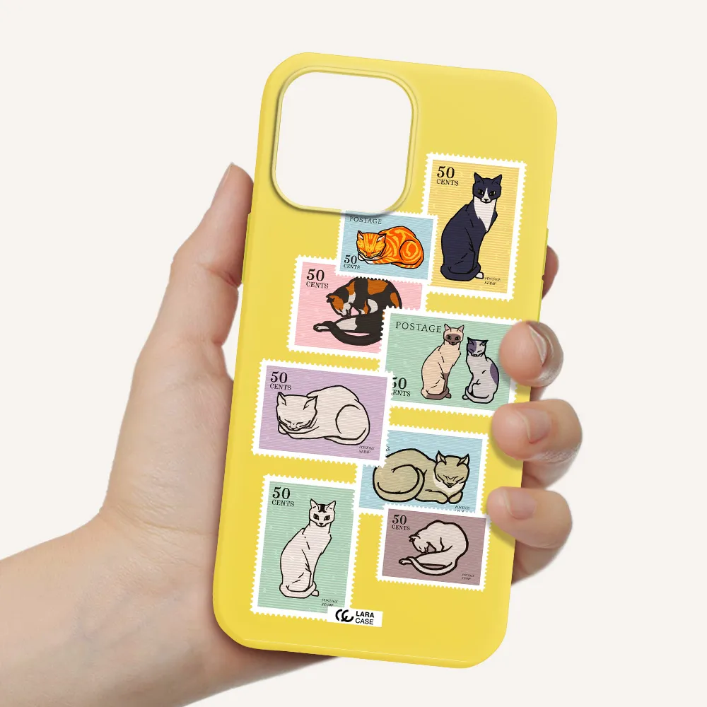 a collage of cats on stamps Apple iPhone 13 Pro Silicone canary yellow Case