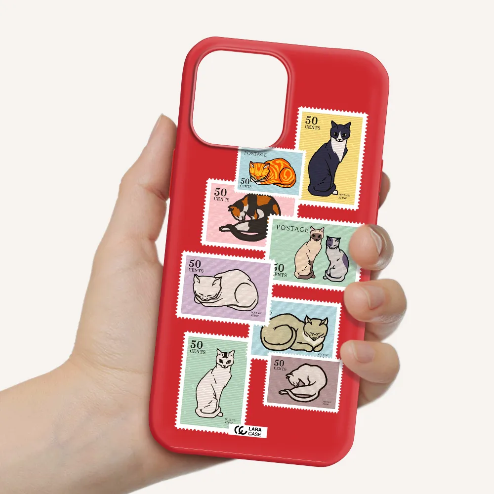 a collage of cats on stamps Apple iPhone 13 Pro Silicone Imperial Red Case