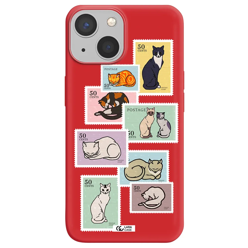 a collage of cats on stamps Apple iPhone 13 Silicone Imperial Red Case