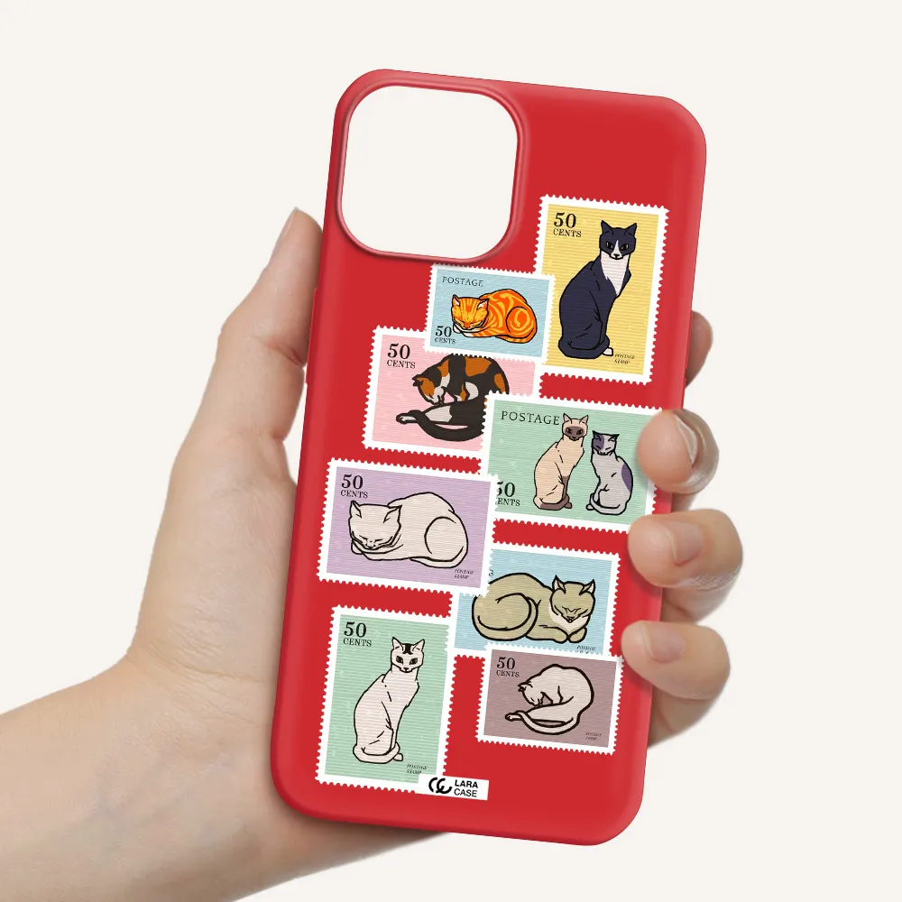 a collage of cats on stamps Apple iPhone 13 Silicone Imperial Red Case