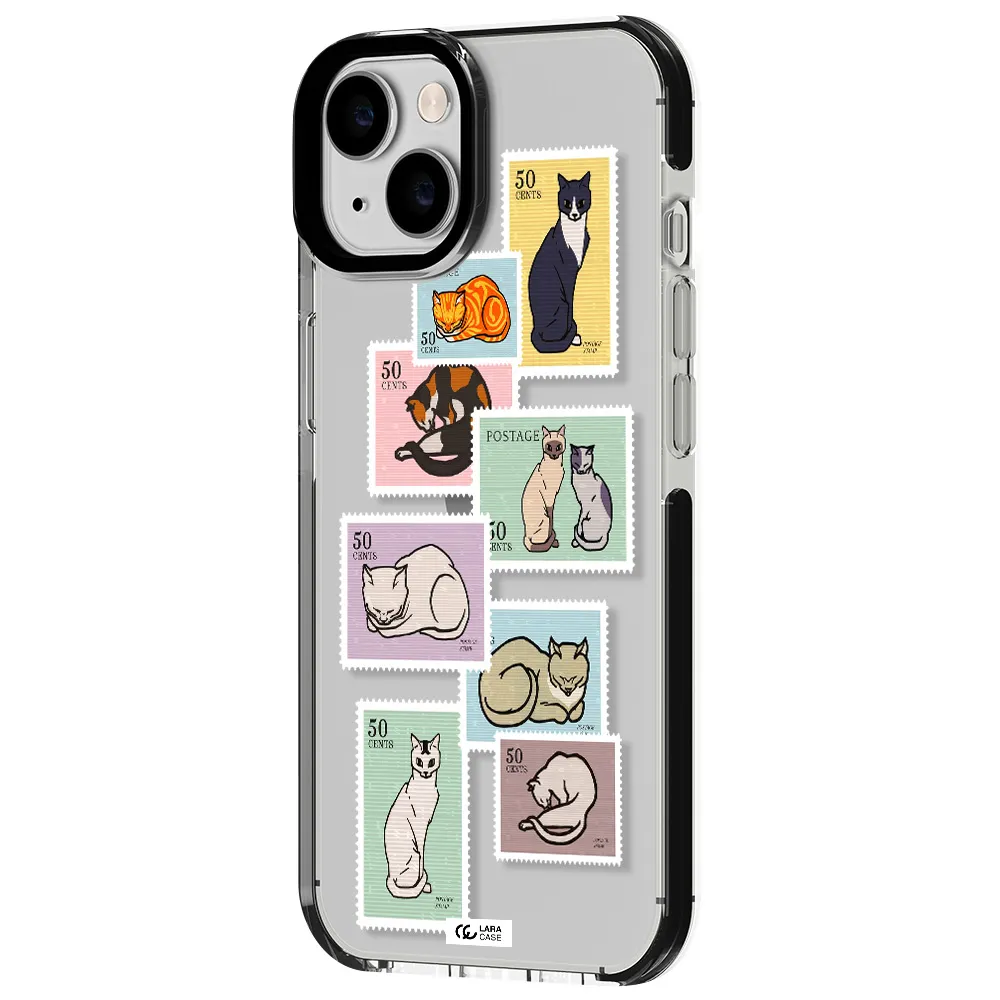a collage of cats on stamps Apple iPhone 14 impact black border Case