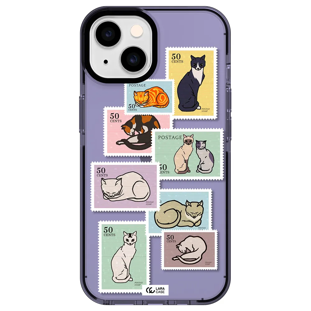 a collage of cats on stamps Apple iPhone 14 impact Lilac Case