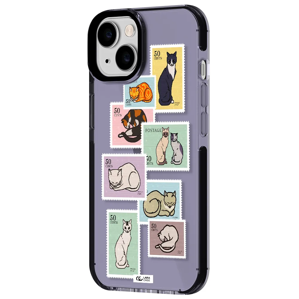 a collage of cats on stamps Apple iPhone 14 impact Lilac Case