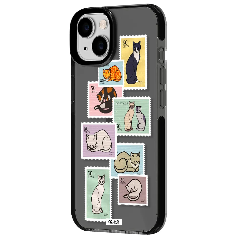 a collage of cats on stamps Apple iPhone 14 impact Smoke Black Case