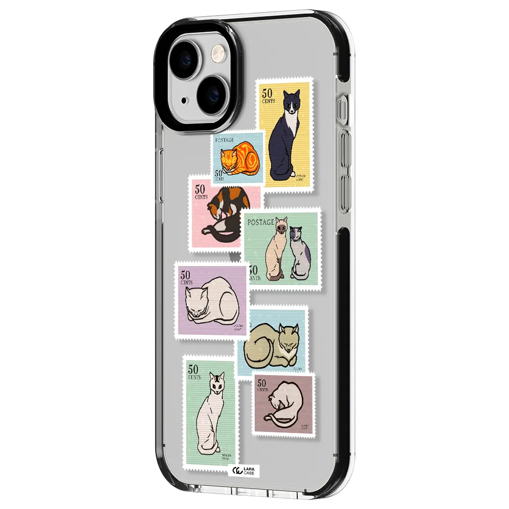 a collage of cats on stamps Apple iPhone 14 plus impact black border Case
