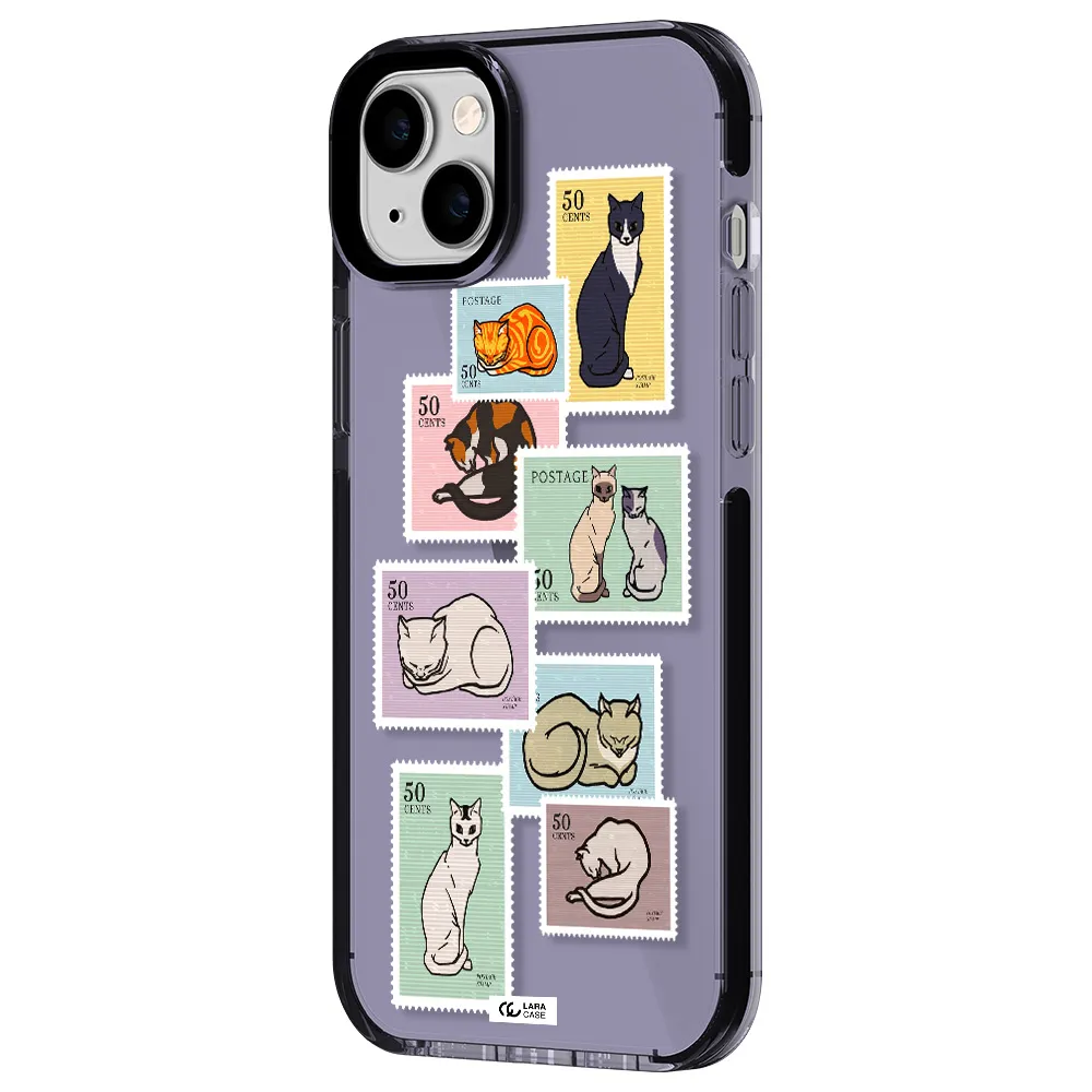 a collage of cats on stamps Apple iPhone 14 plus impact Lilac Case