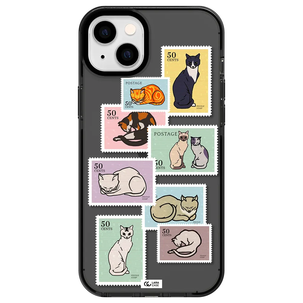 a collage of cats on stamps Apple iPhone 14 plus impact Smoke Black Case