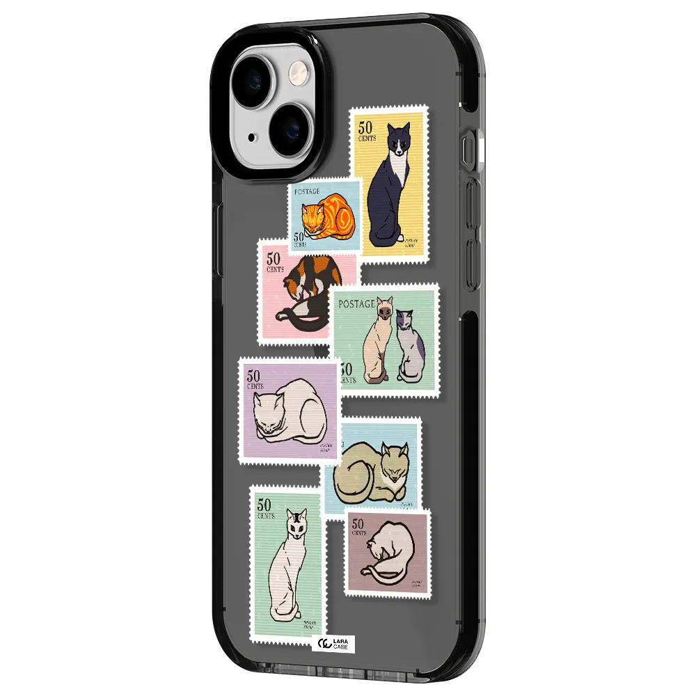 a collage of cats on stamps Apple iPhone 14 plus impact Smoke Black Case