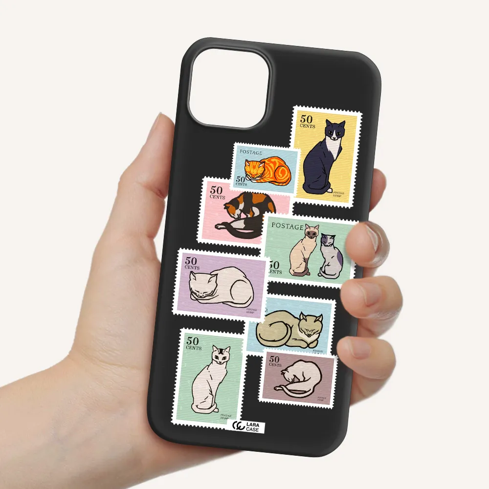 a collage of cats on stamps Apple iPhone 14 plus Silicone black Case