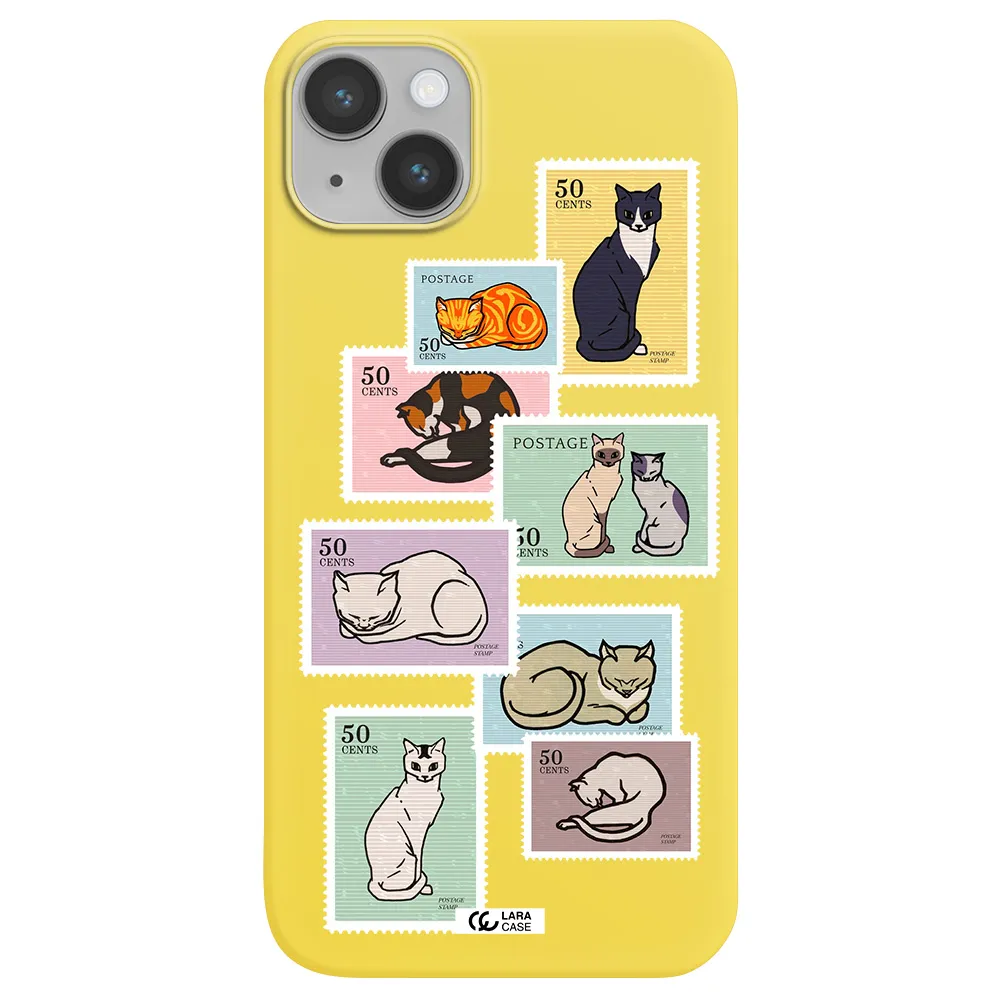 a collage of cats on stamps Apple iPhone 14 plus Silicone canary yellow Case