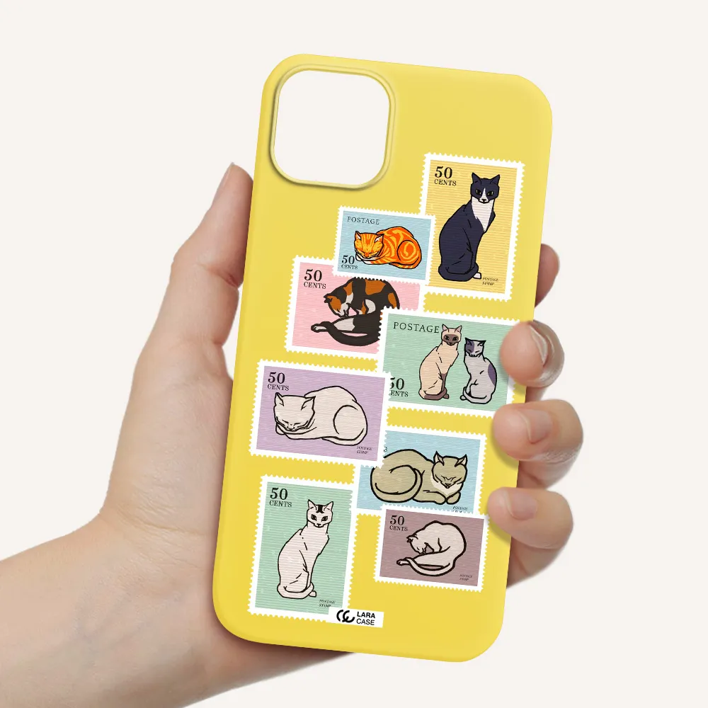 a collage of cats on stamps Apple iPhone 14 plus Silicone canary yellow Case