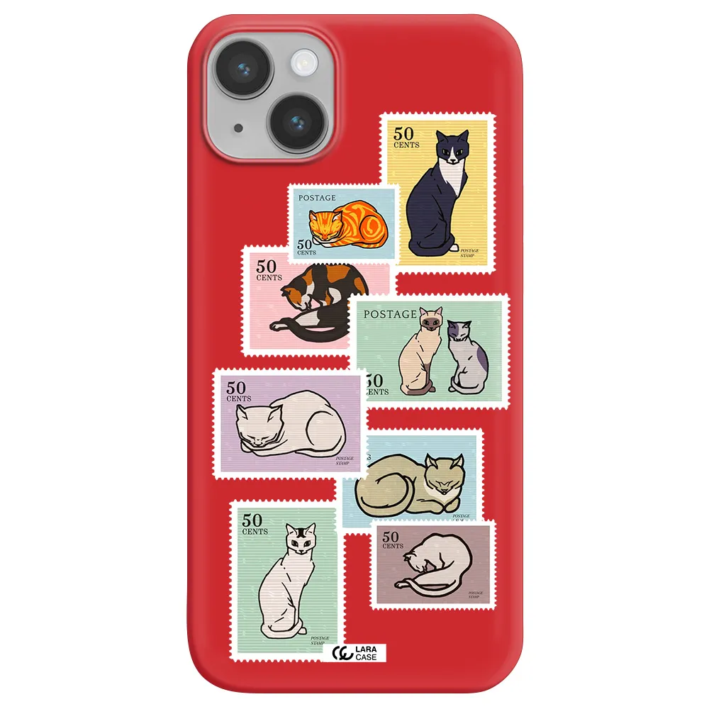 a collage of cats on stamps Apple iPhone 14 plus Silicone Imperial Red Case