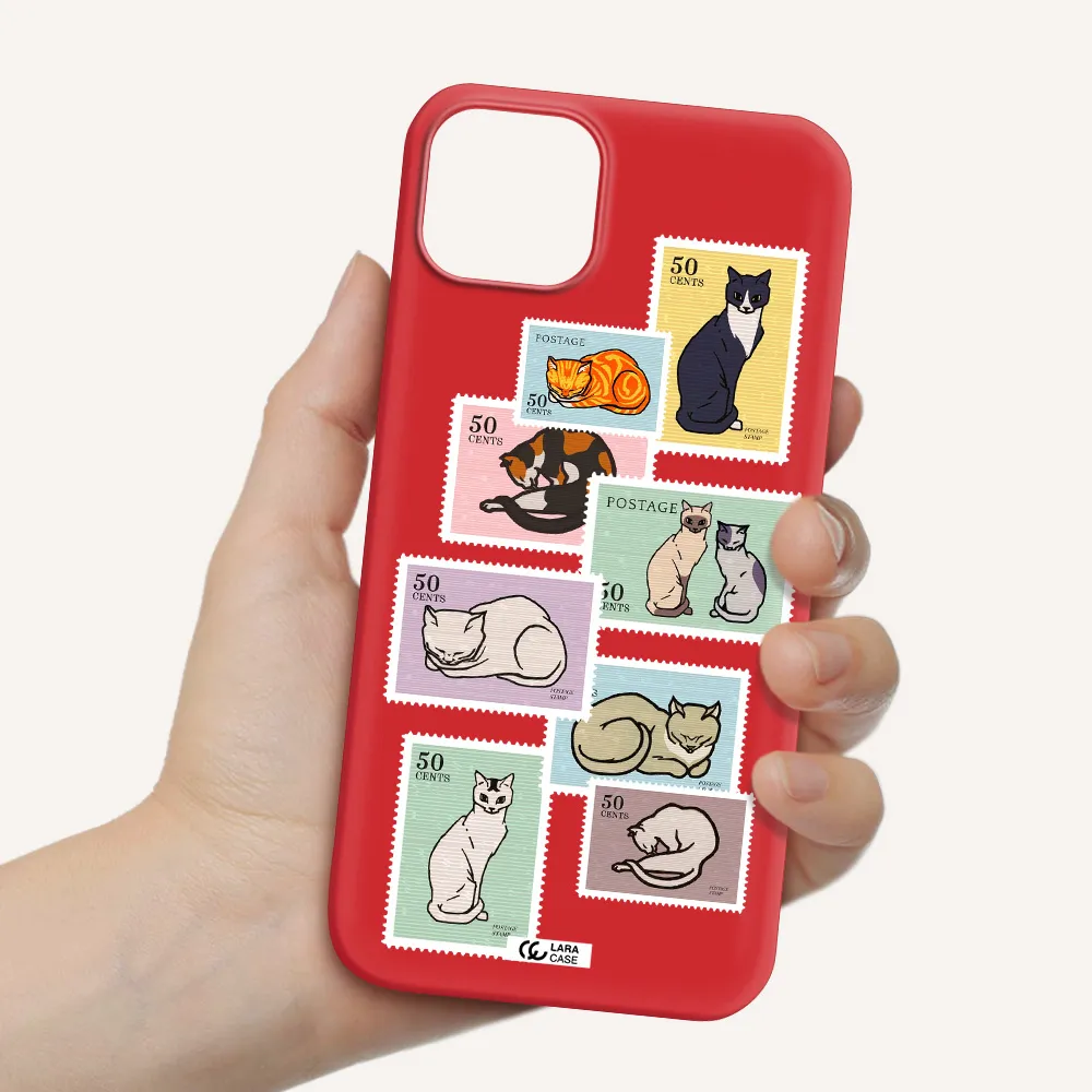 a collage of cats on stamps Apple iPhone 14 plus Silicone Imperial Red Case
