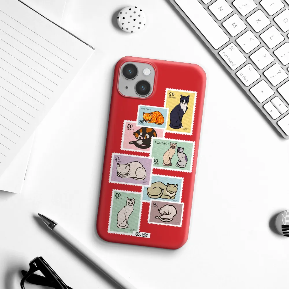 a collage of cats on stamps Apple iPhone 14 plus Silicone Imperial Red Case