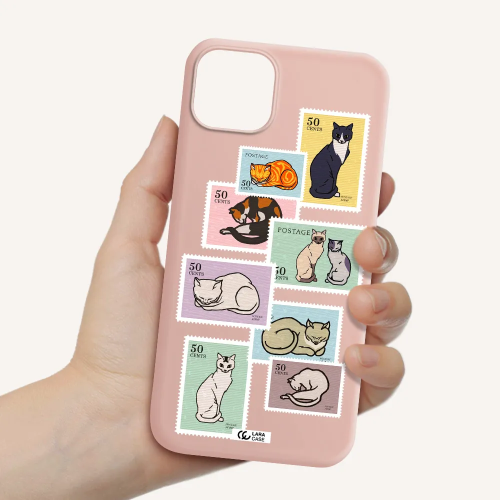 a collage of cats on stamps Apple iPhone 14 plus Silicone pastel pink Case