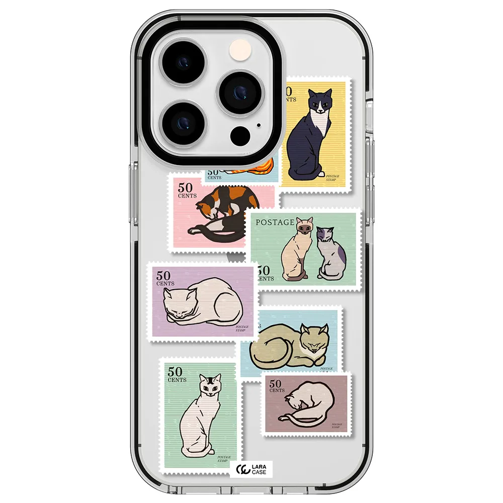 a collage of cats on stamps Apple iPhone 14 pro impact black border Case