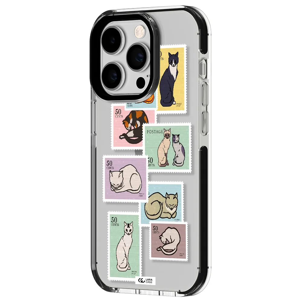a collage of cats on stamps Apple iPhone 14 pro impact black border Case