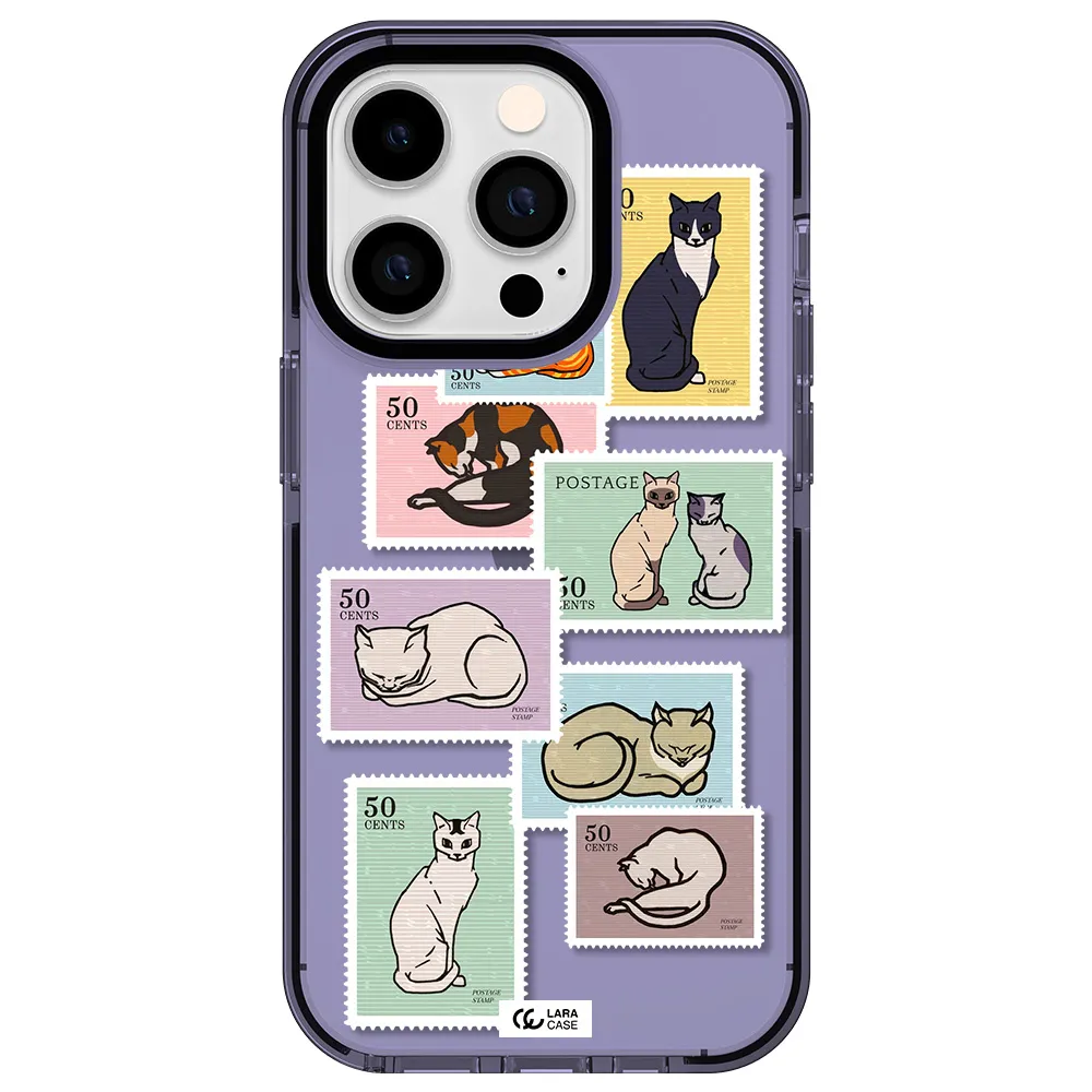 a collage of cats on stamps Apple iPhone 14 pro impact Lilac Case