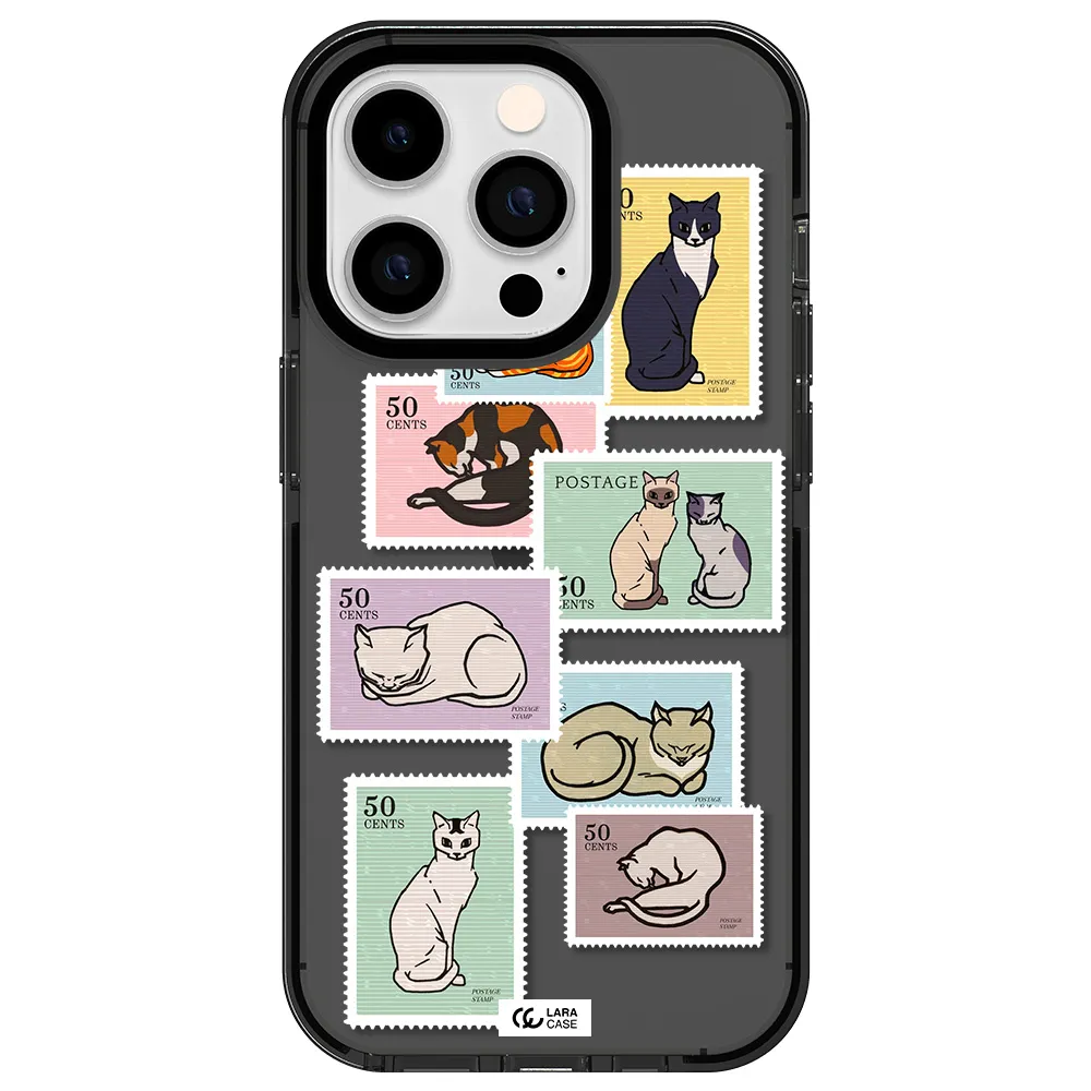a collage of cats on stamps Apple iPhone 14 pro impact Smoke Black Case