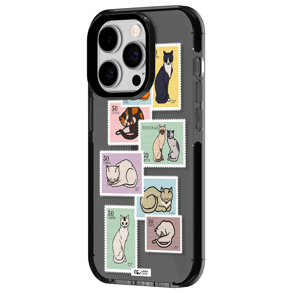 a collage of cats on stamps Apple iPhone 14 pro impact Smoke Black Case