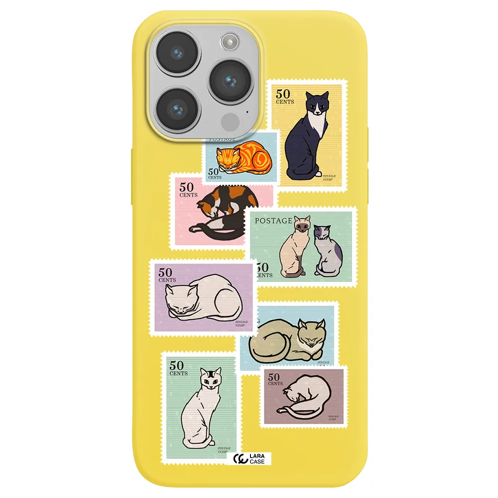 a collage of cats on stamps Apple iPhone 14 pro max Silicone canary yellow Case