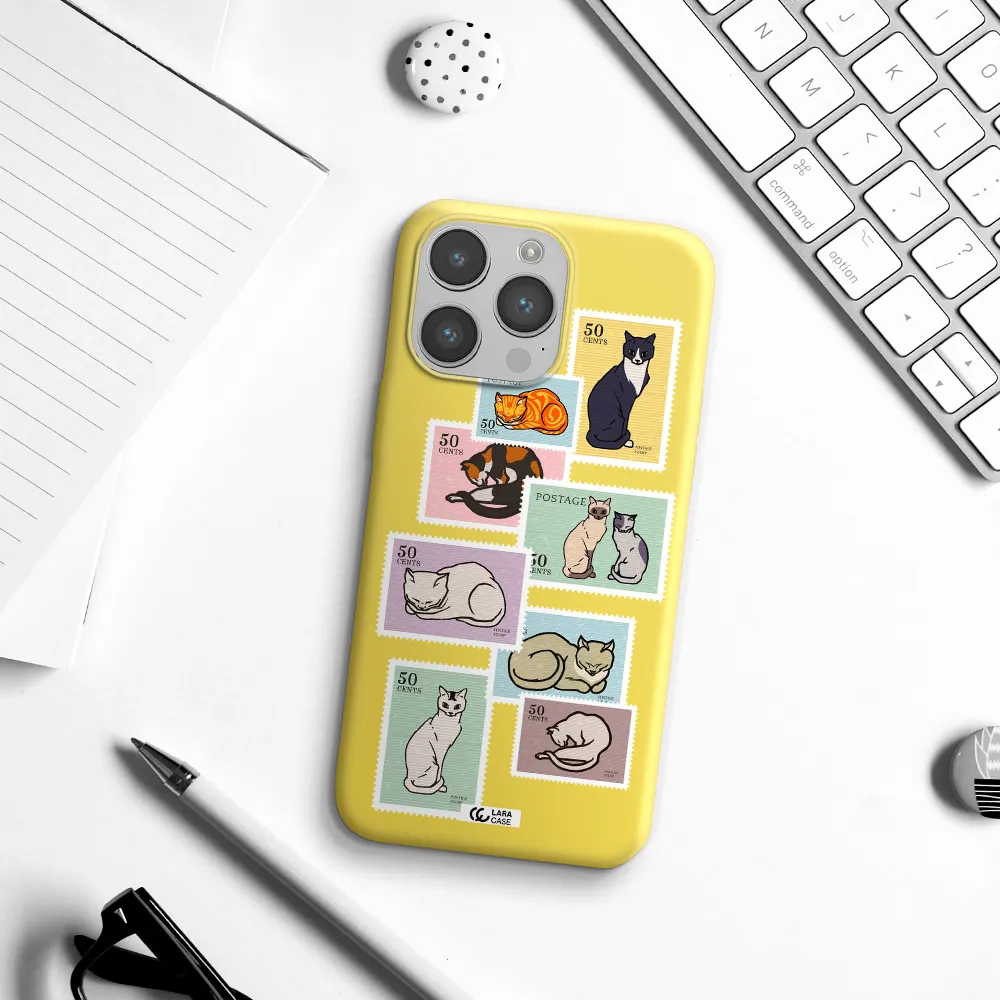 a collage of cats on stamps Apple iPhone 14 pro max Silicone canary yellow Case