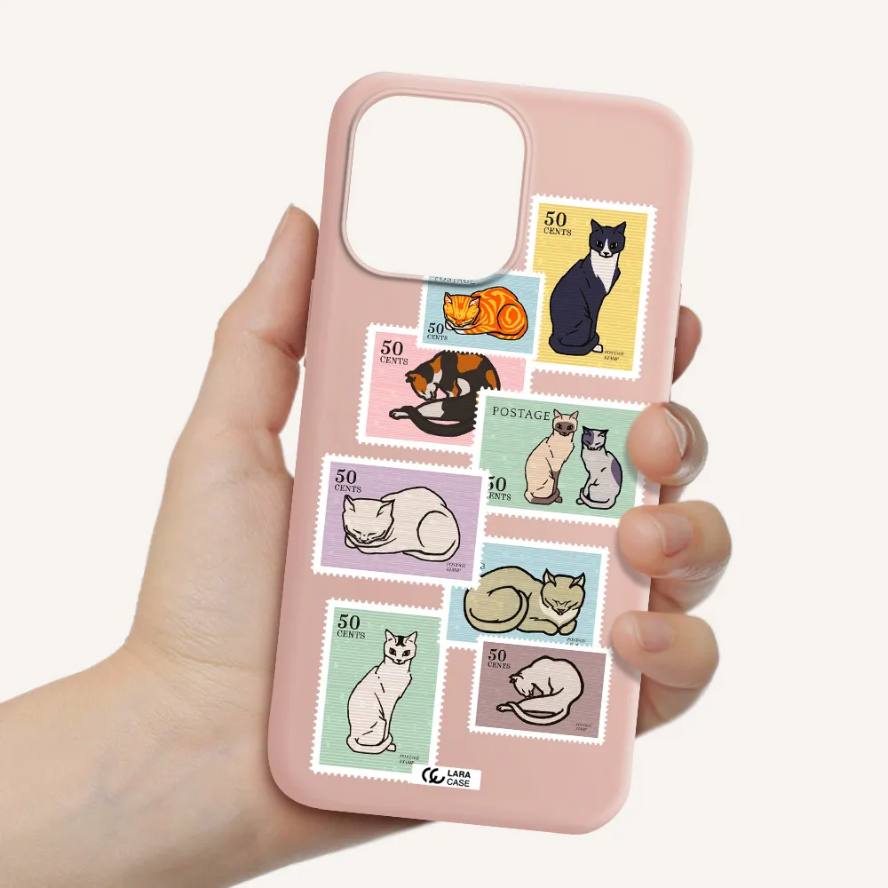 a collage of cats on stamps Apple iPhone 14 pro max Silicone pastel pink Case