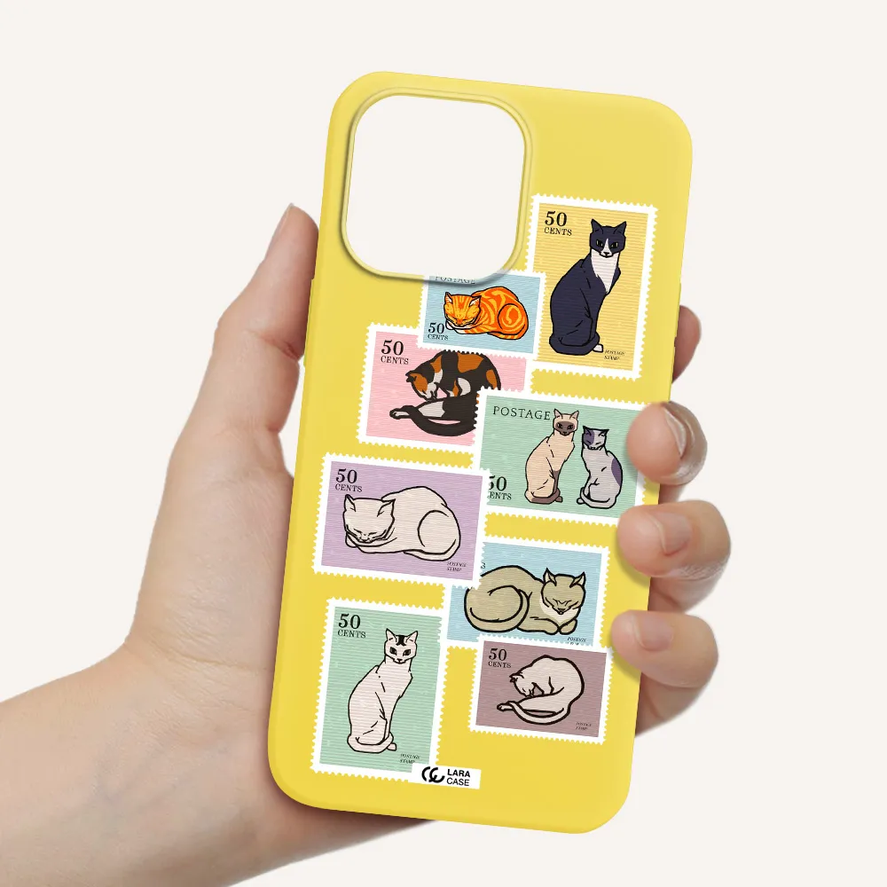 a collage of cats on stamps Apple iPhone 14 pro Silicone canary yellow Case