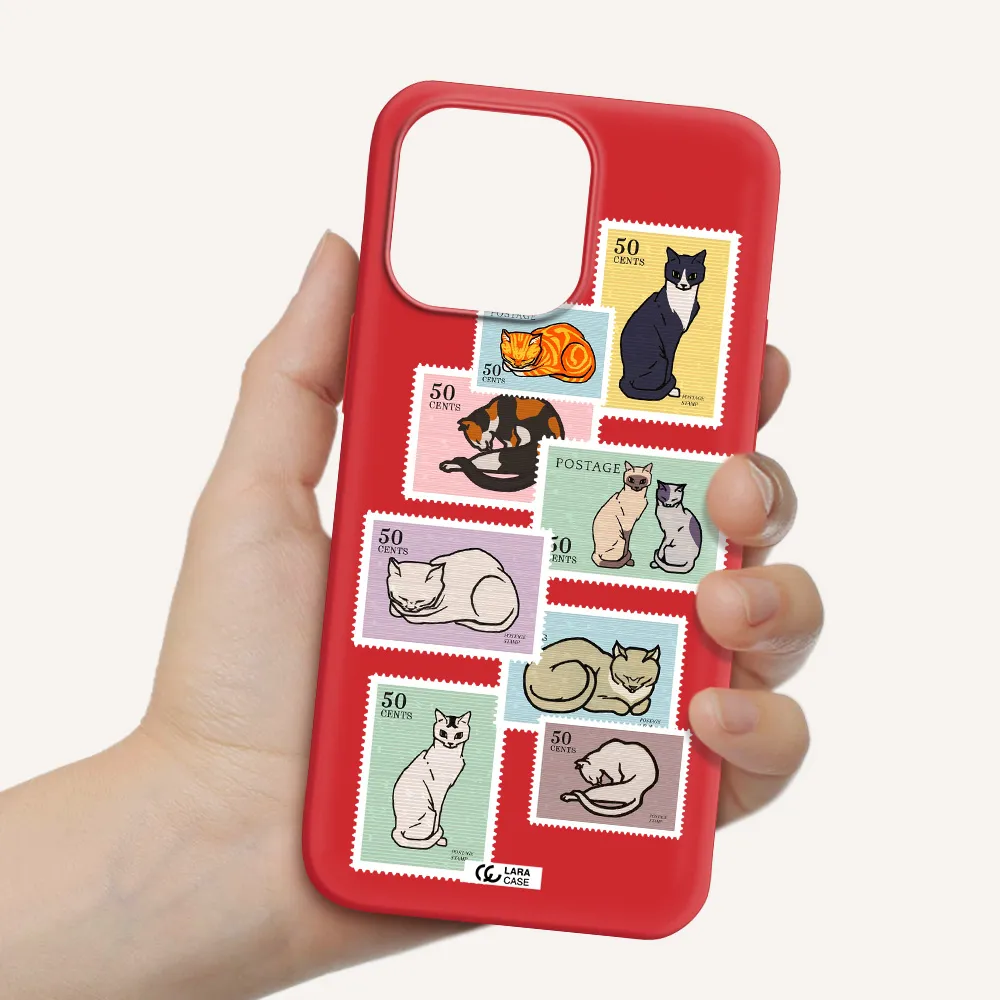 a collage of cats on stamps Apple iPhone 14 pro Silicone Imperial Red Case