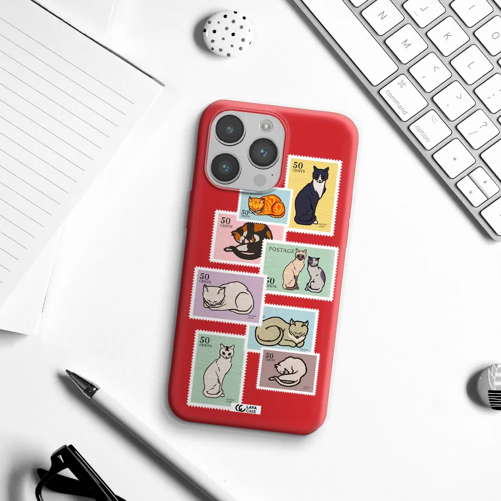 a collage of cats on stamps Apple iPhone 14 pro Silicone Imperial Red Case