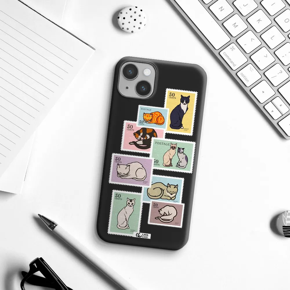 a collage of cats on stamps Apple iPhone 14 Silicone black Case