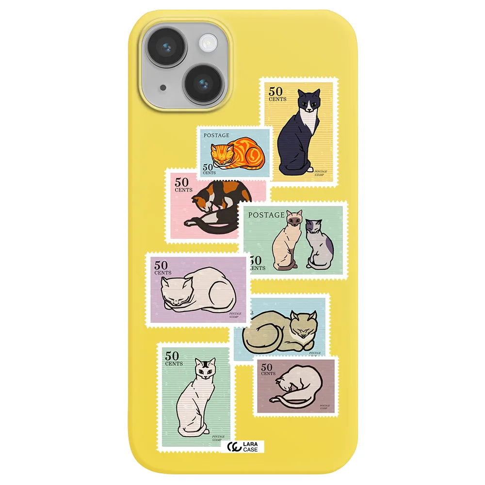 a collage of cats on stamps Apple iPhone 14 Silicone canary yellow Case
