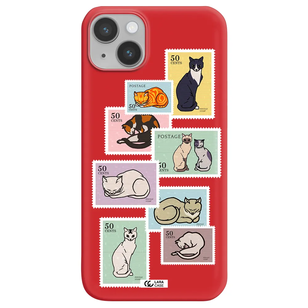 a collage of cats on stamps Apple iPhone 14 Silicone Imperial Red Case