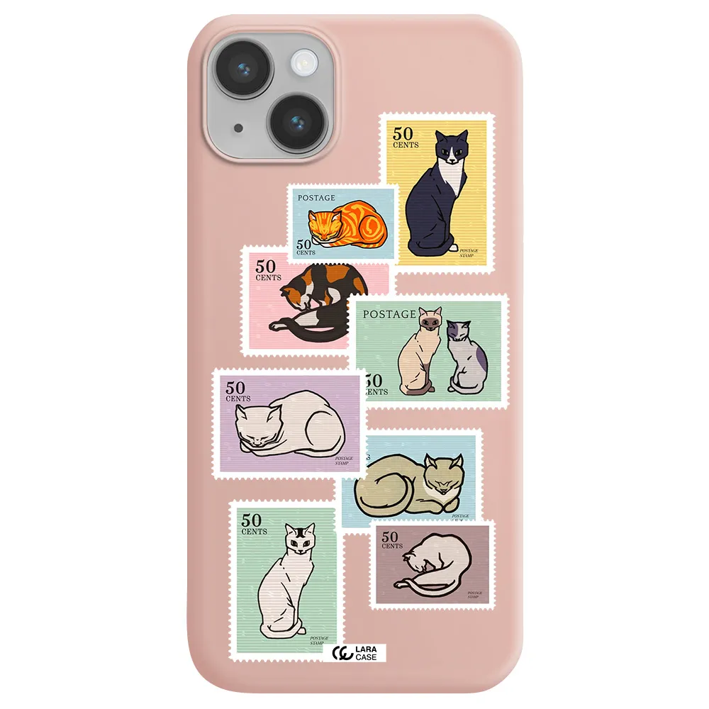 a collage of cats on stamps Apple iPhone 14 Silicone pastel pink Case