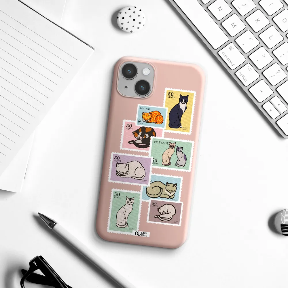 a collage of cats on stamps Apple iPhone 14 Silicone pastel pink Case