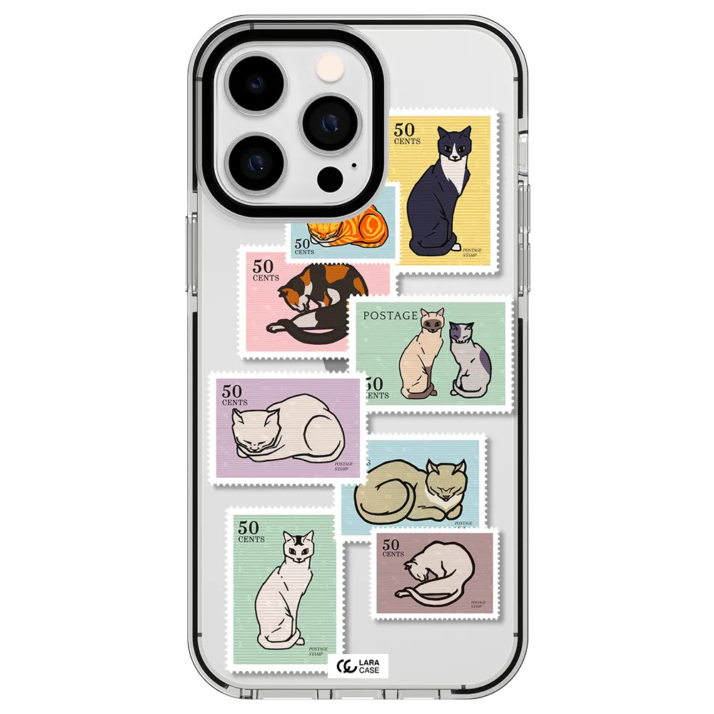 a collage of cats on stamps Apple iPhone 15 Pro impact black border Case