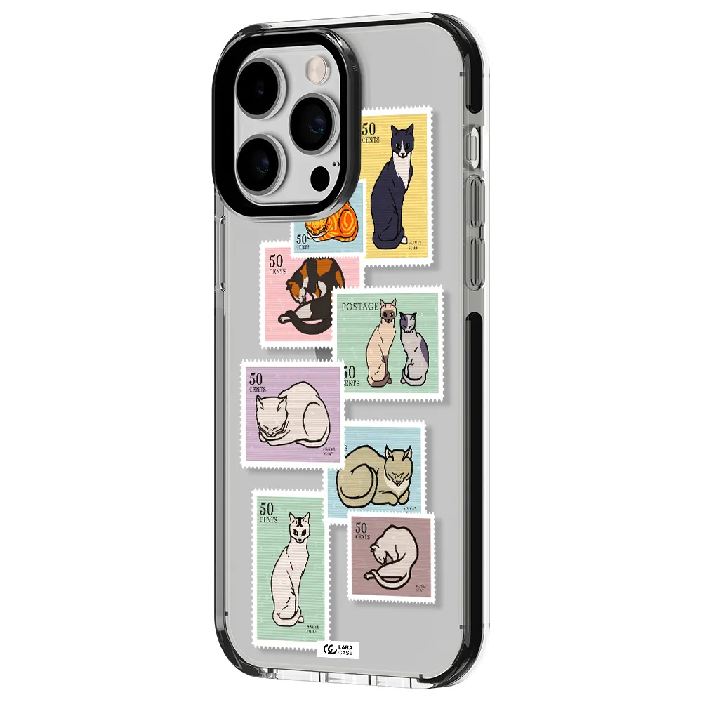 a collage of cats on stamps Apple iPhone 15 Pro impact black border Case
