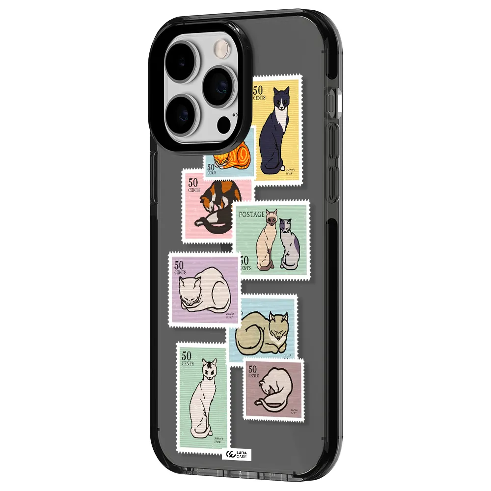a collage of cats on stamps Apple iPhone 15 Pro impact Smoke Black Case