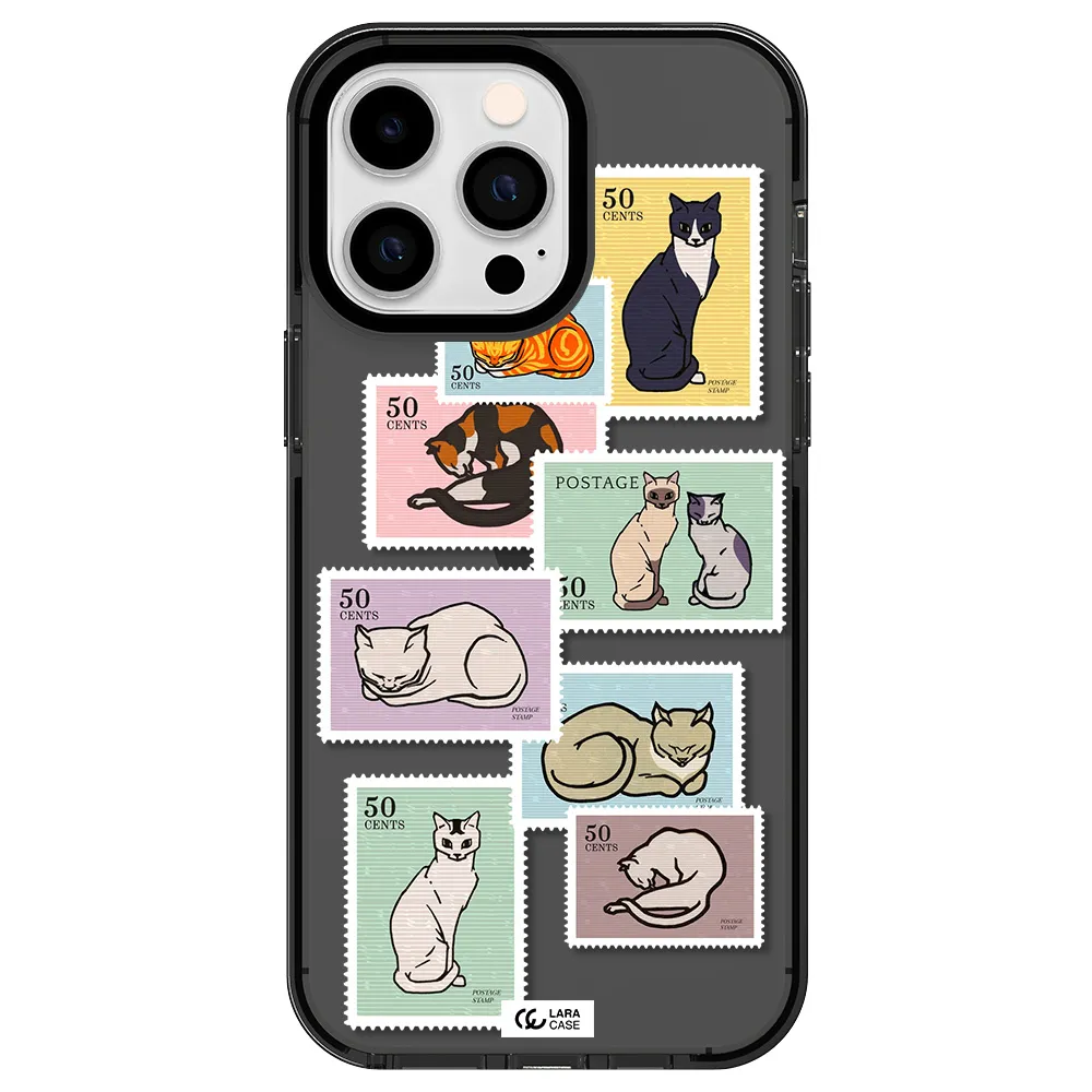 a collage of cats on stamps Apple iPhone 15 Pro Max impact Smoke Black Case