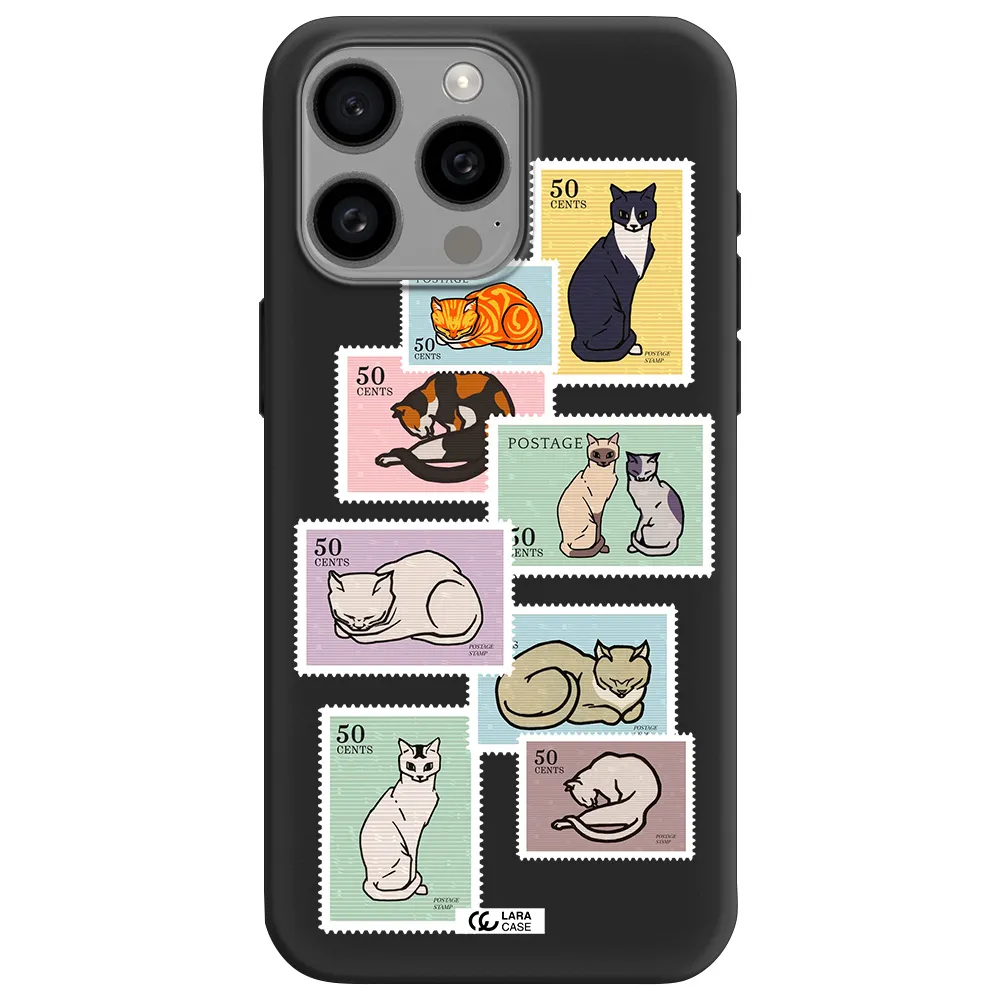 a collage of cats on stamps Apple Iphone 15 Pro max Silicone black Case