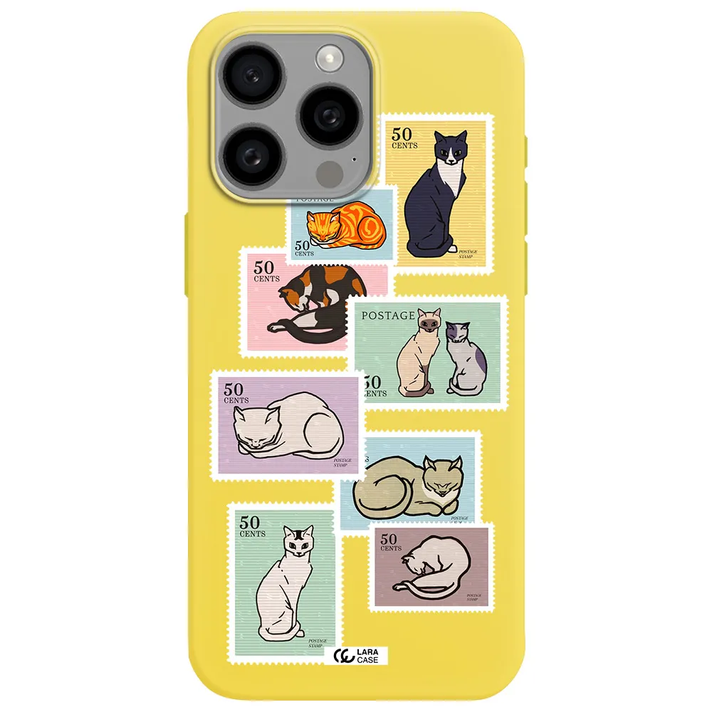 a collage of cats on stamps Apple Iphone 15 Pro max Silicone canary yellow Case