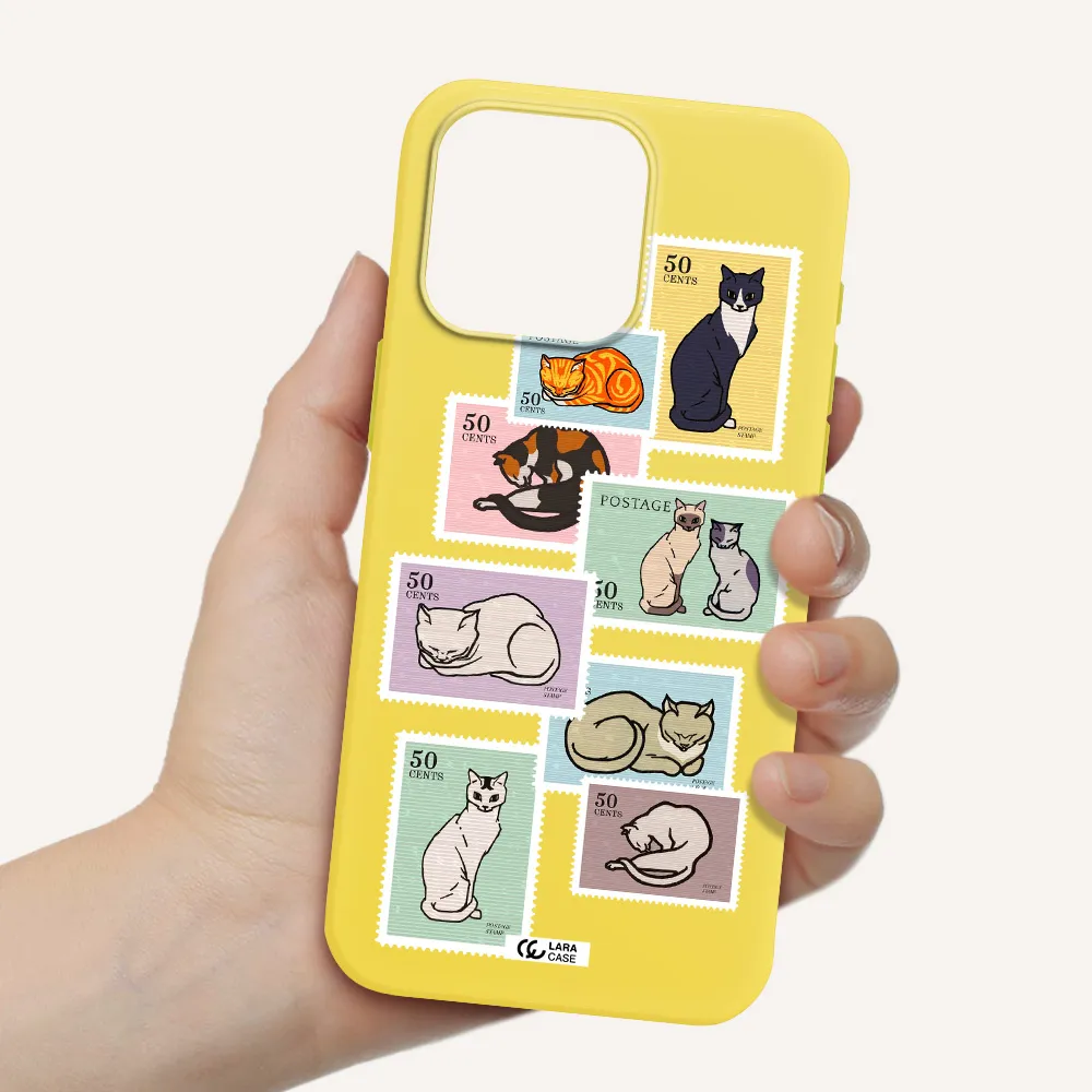 a collage of cats on stamps Apple Iphone 15 Pro max Silicone canary yellow Case