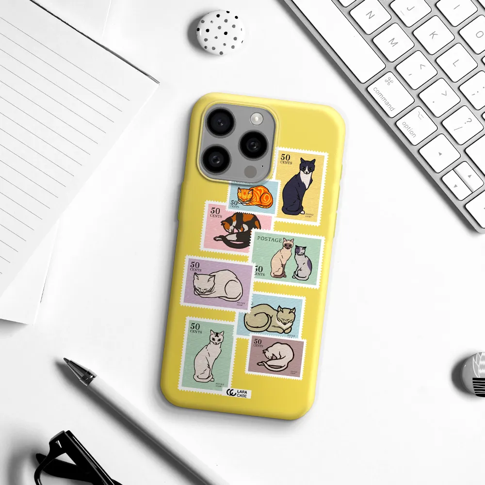 a collage of cats on stamps Apple Iphone 15 Pro max Silicone canary yellow Case